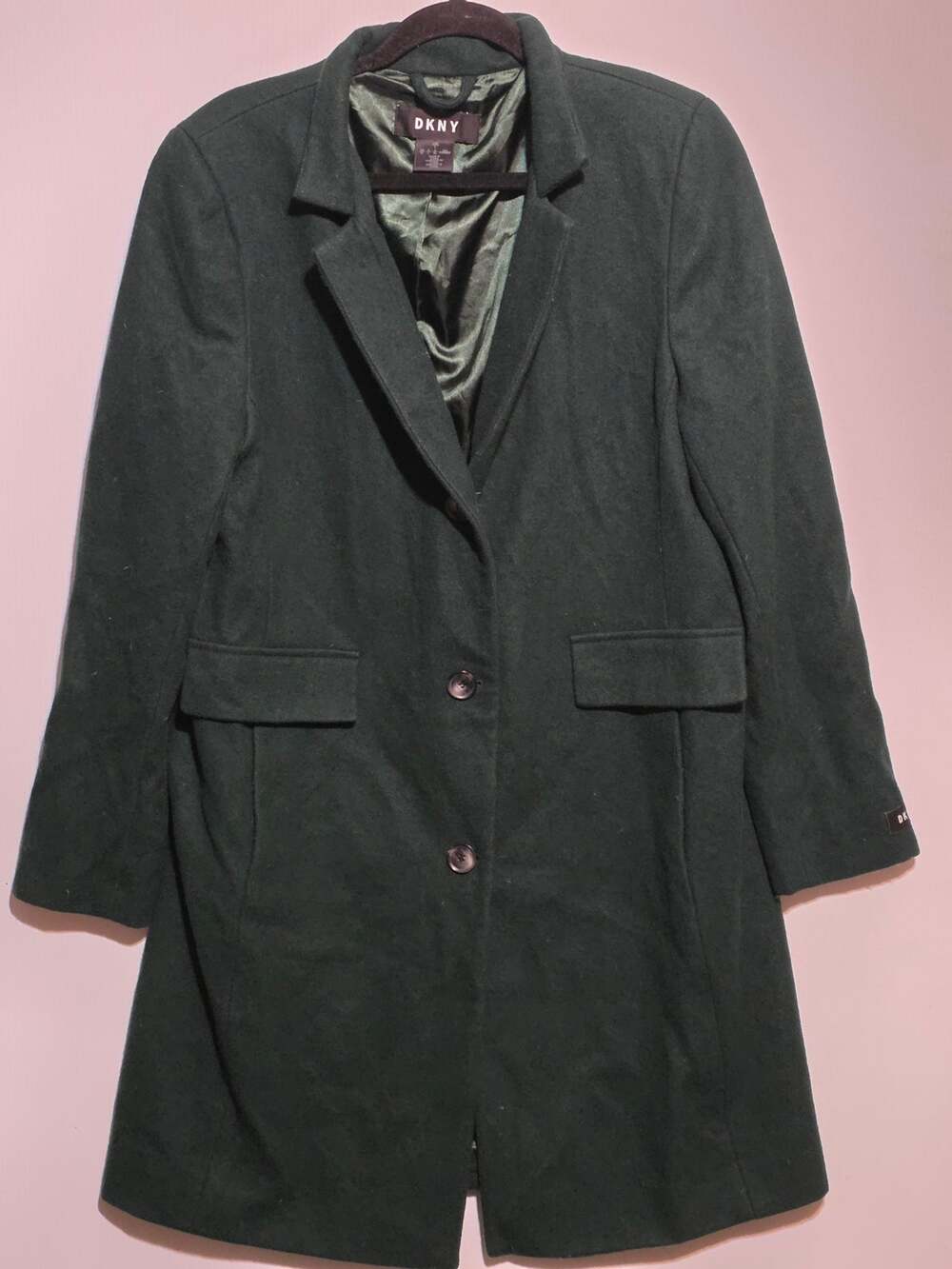 DKNY Dark Green Wool Blend Trench Overcoat Women's Size L Long Winter Jacket